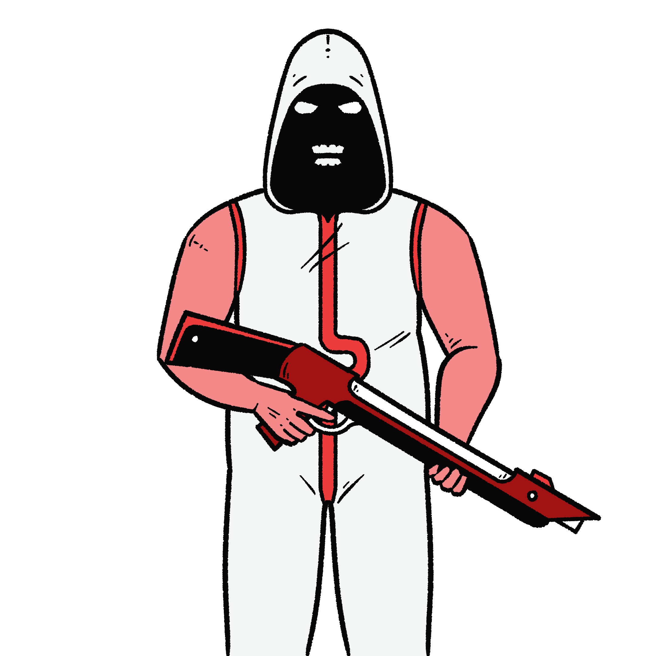 An illustration of a figure in a white hooded jumpsuit, their grinning face obscured by shadow. Their jumpsuit has a winding red symbol on its front. In their hands is a red shotgun, held downwards.
